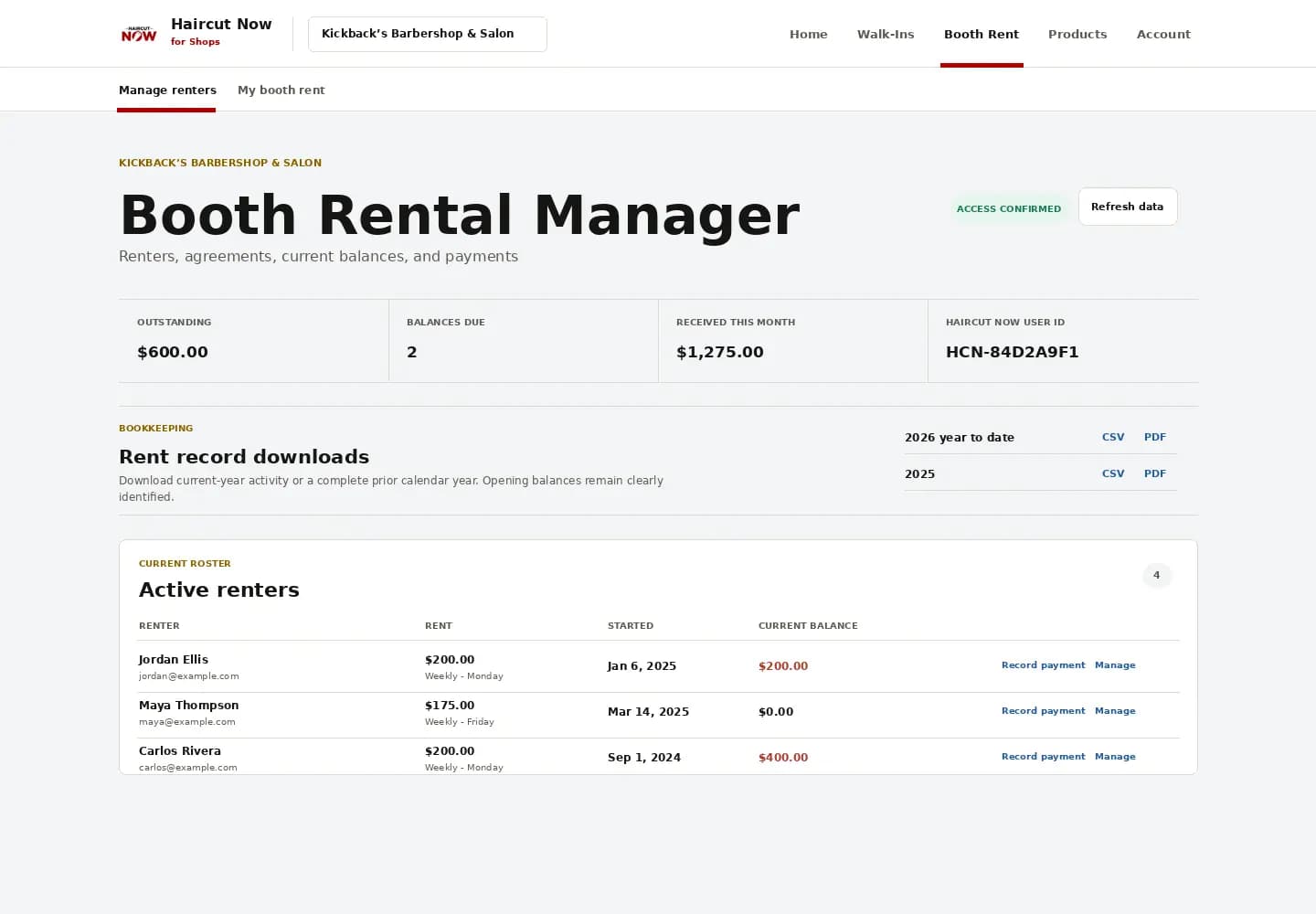 Booth Rental Manager owner dashboard showing renter balances and records