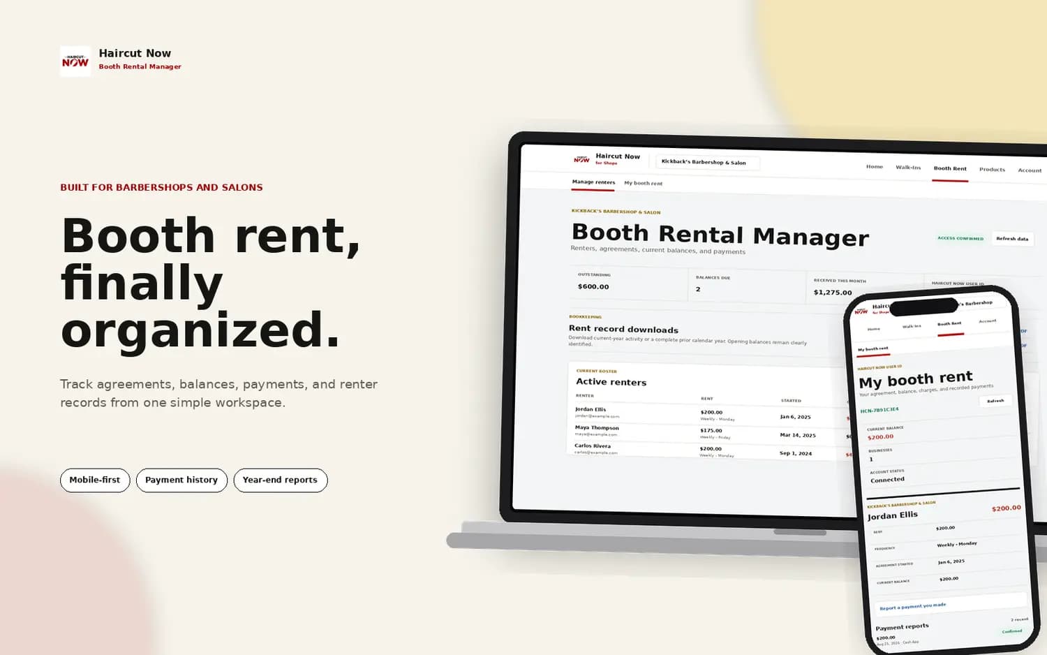 Booth Rental Manager owner dashboard and renter mobile view