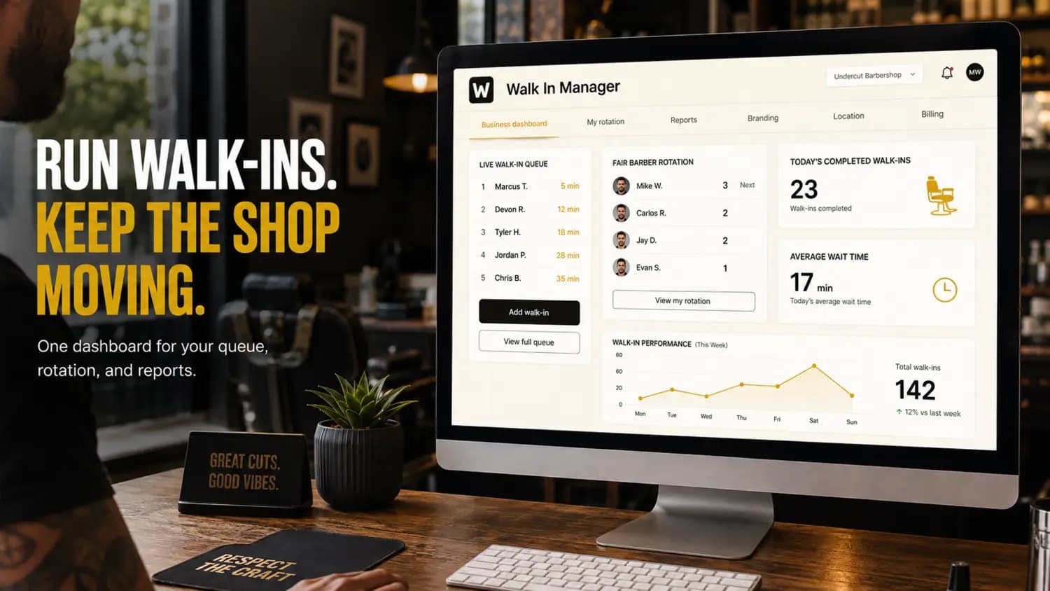 Walk-In Manager queue and rotation tools in a barbershop